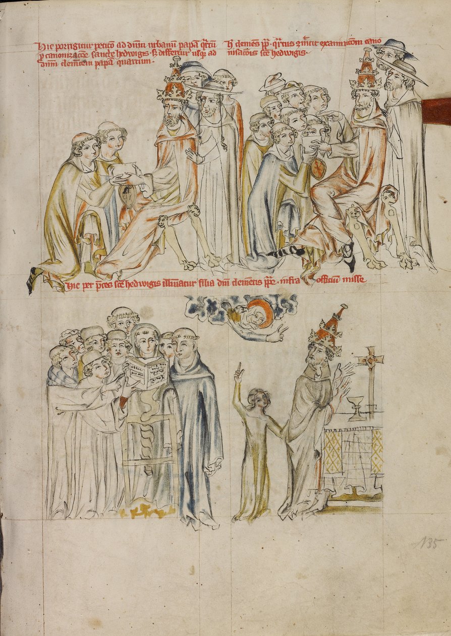 Two Clerics Requesting the Canonization of Saint Hedwig before Pope Urban IV; Pope Clement Requesting Saint Hedwig