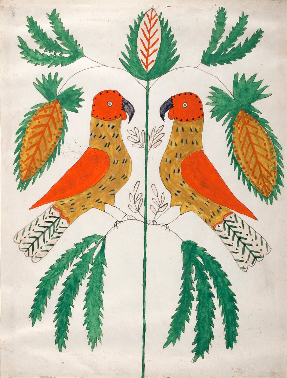 Two Red and Yellow Parrots Facing Each Other by Unknown artist