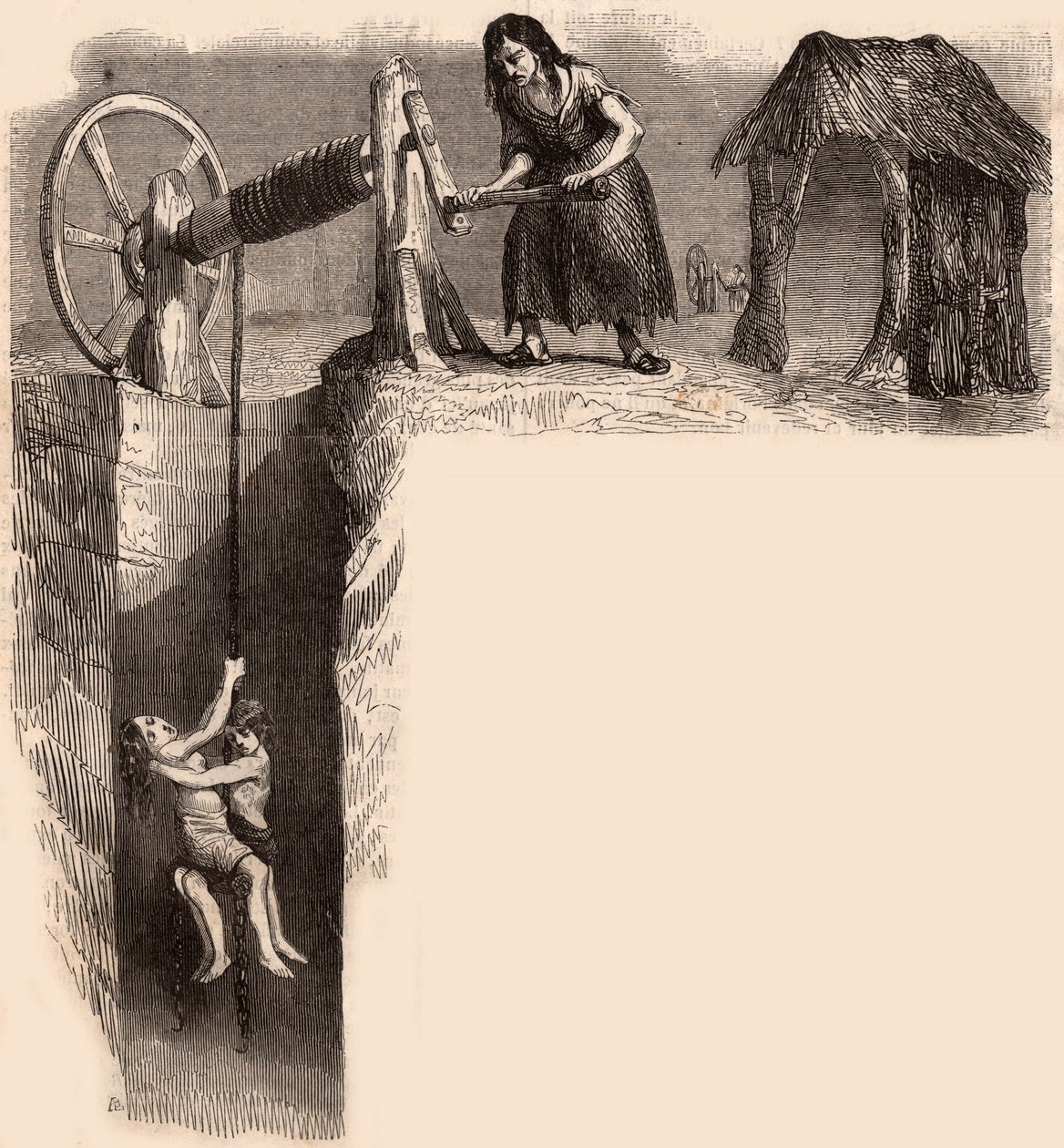 Two exhausted children taken out from an English coal mine by a woman with a winch (engraving) by Unknown artist