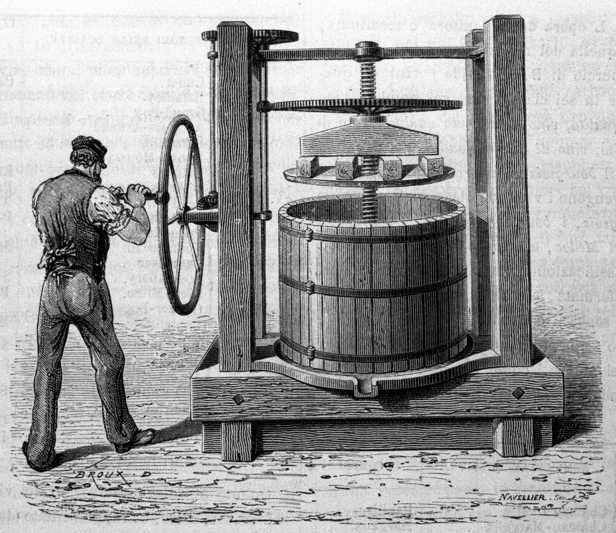 Use of the press to obtain grape marc in Medoc and Cognac. Engraving from the end of the 19th century by Unknown artist
