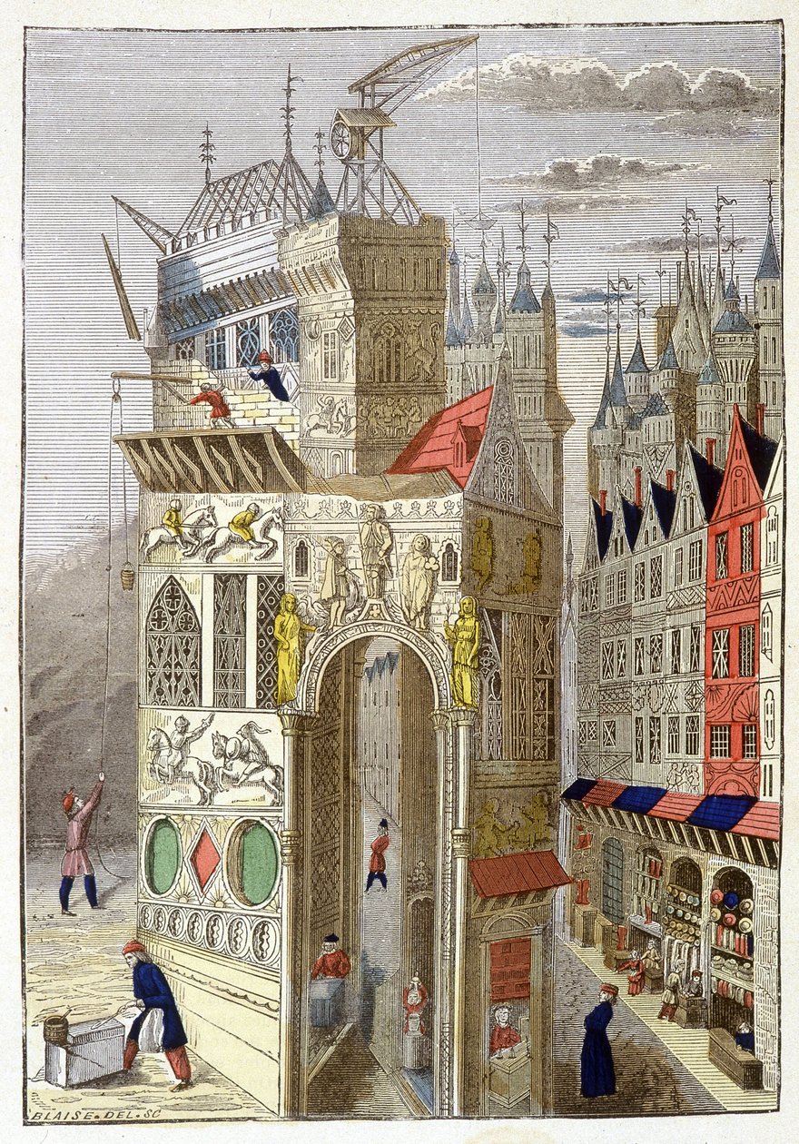View of a Street in Paris in the 15th Century, with Its Half-Timbered Houses and a Church Under Construction by Unknown artist