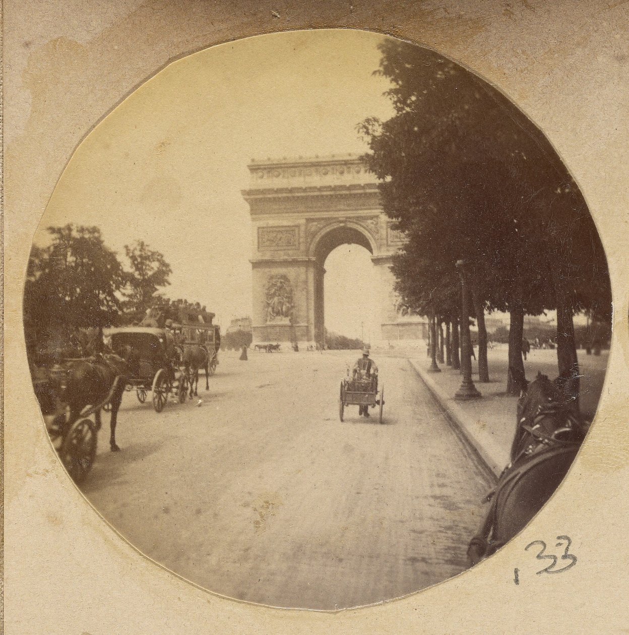 View of the Arc de Triomphe, Paris, France, with Carriages in the Street by Unknown artist
