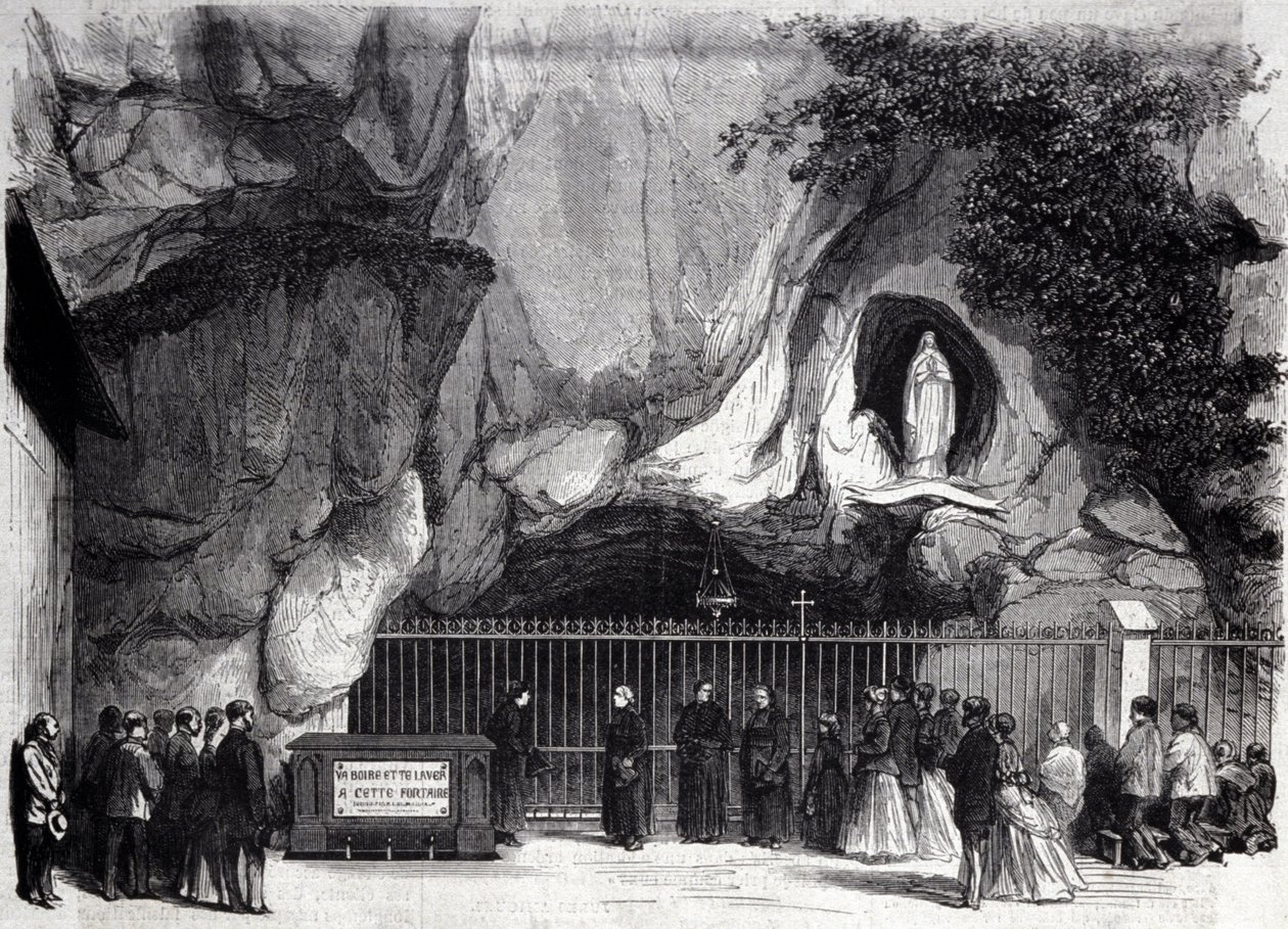 View of the cave of Lourdes in the High Pyrenees where the Virgin appeared to Bernadette Soubirous (1844-1879) in 1858, present place of pilgrimage. Engraving of the 19th century by Unknown artist