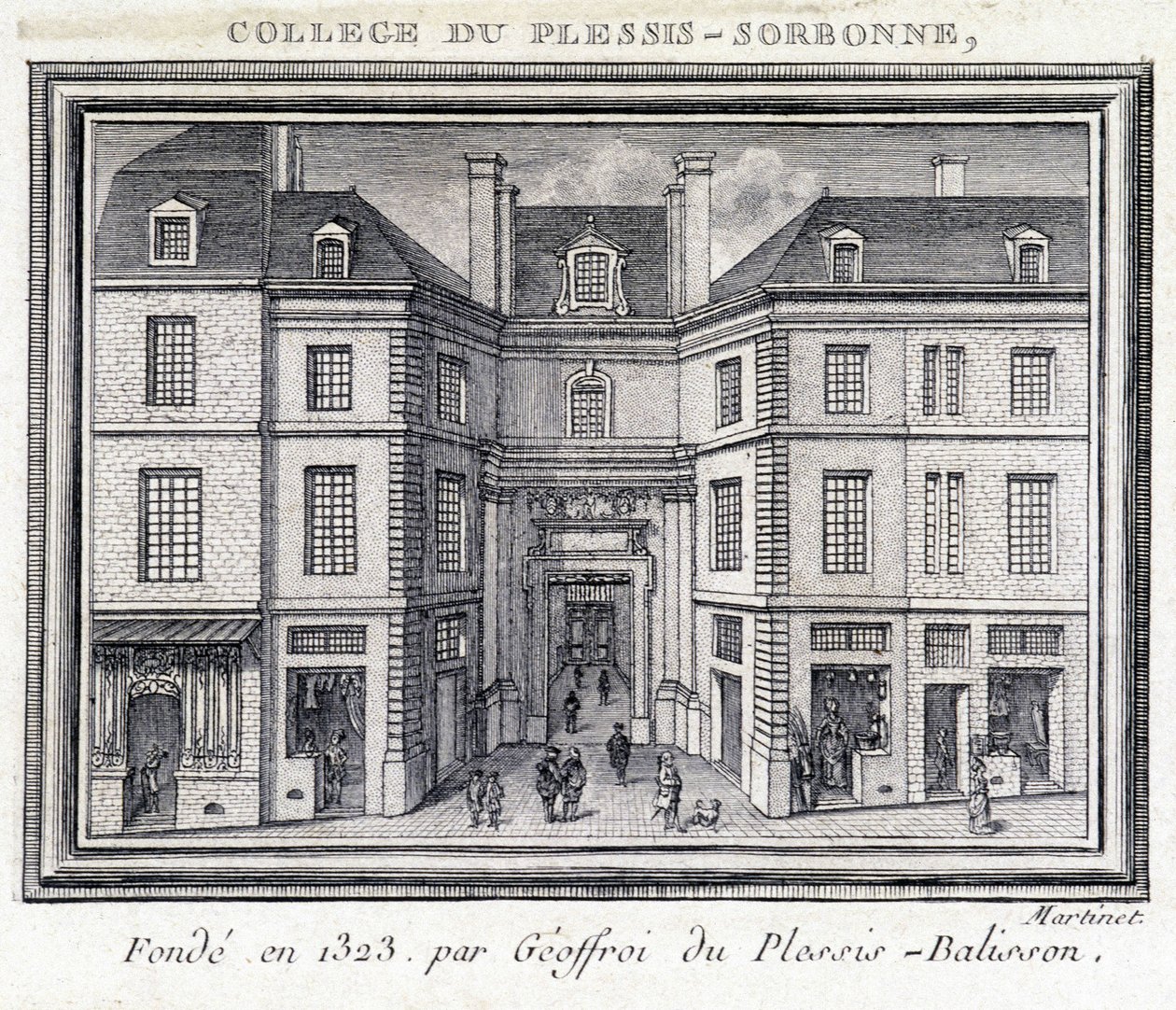View of the exterior facade of the college of Plessis Sorbonne (Paris), founded in 1323 by Geoffroy of Plessis Balisson used from 1848 to 1849 by the ENA. Engraving preserved at the Musee Carnavalet, Paris. by Unknown artist