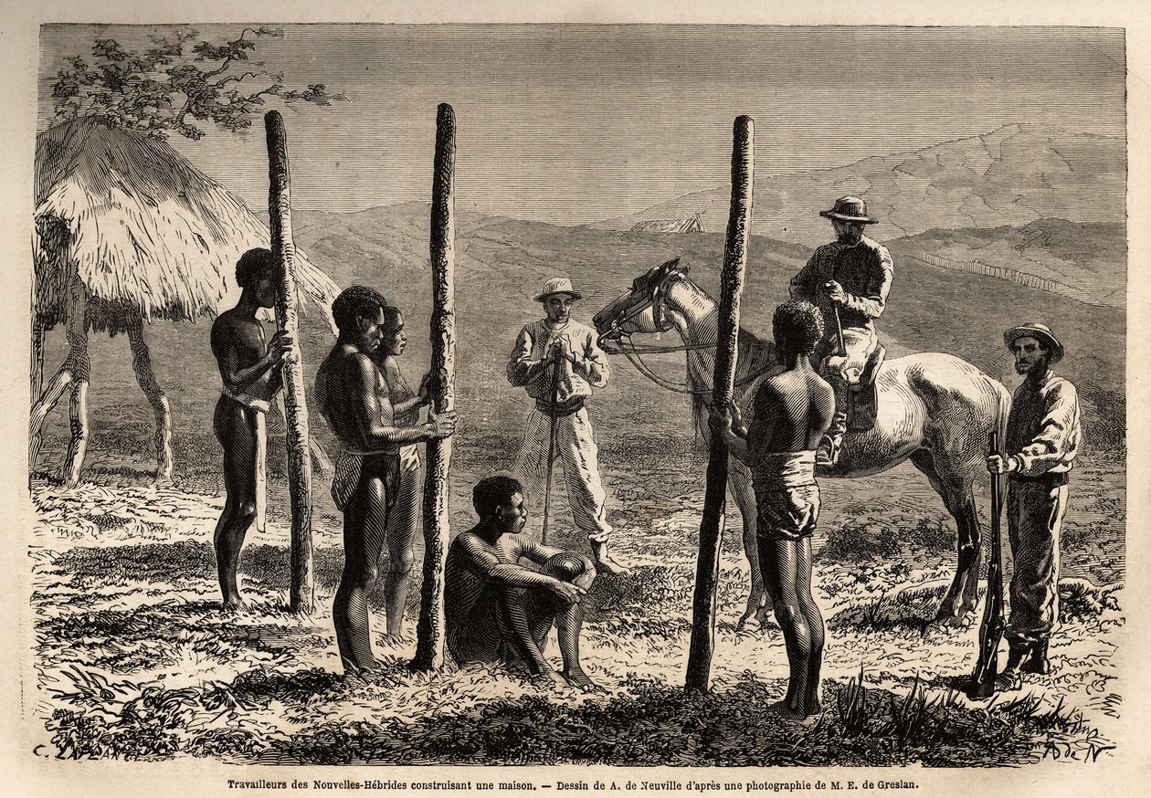 Workers from the New Hebrides (Republic of Vanuatu), Building a House. Engraving to Illustrate the Voyage to New Caledonia by Unknown artist