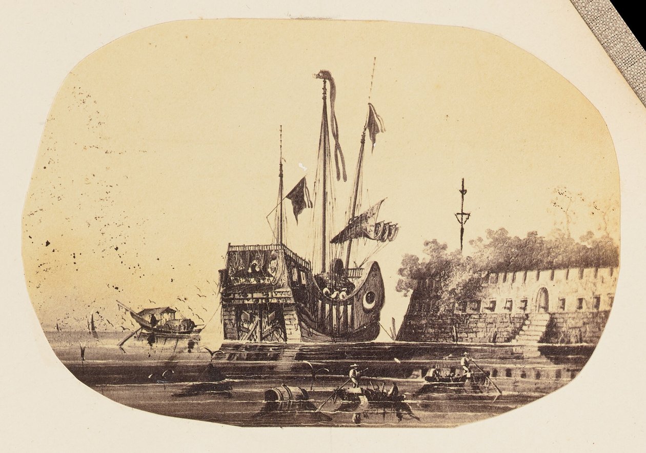 Photographic Copy of a Drawing of a Moored Ship Next to a Fort by Unknown artist/maker