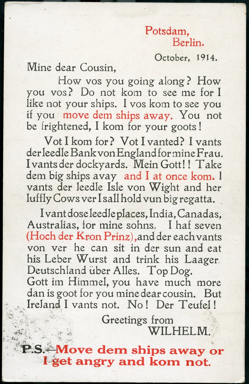 First World War: Comedy Map Showing a Speech by William II in English with German Accent by Unknown photographer