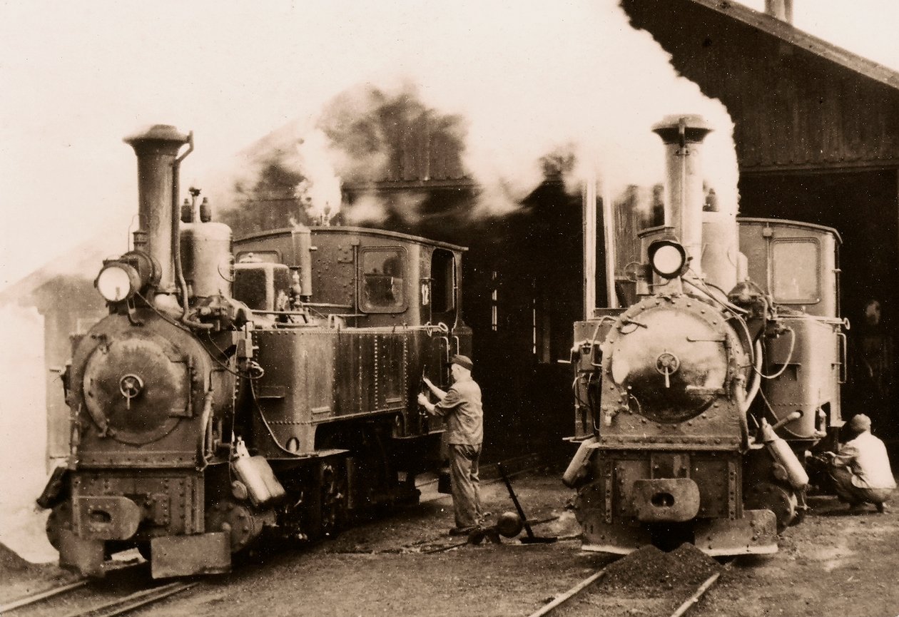Two steam locomotives being maintained by two workers