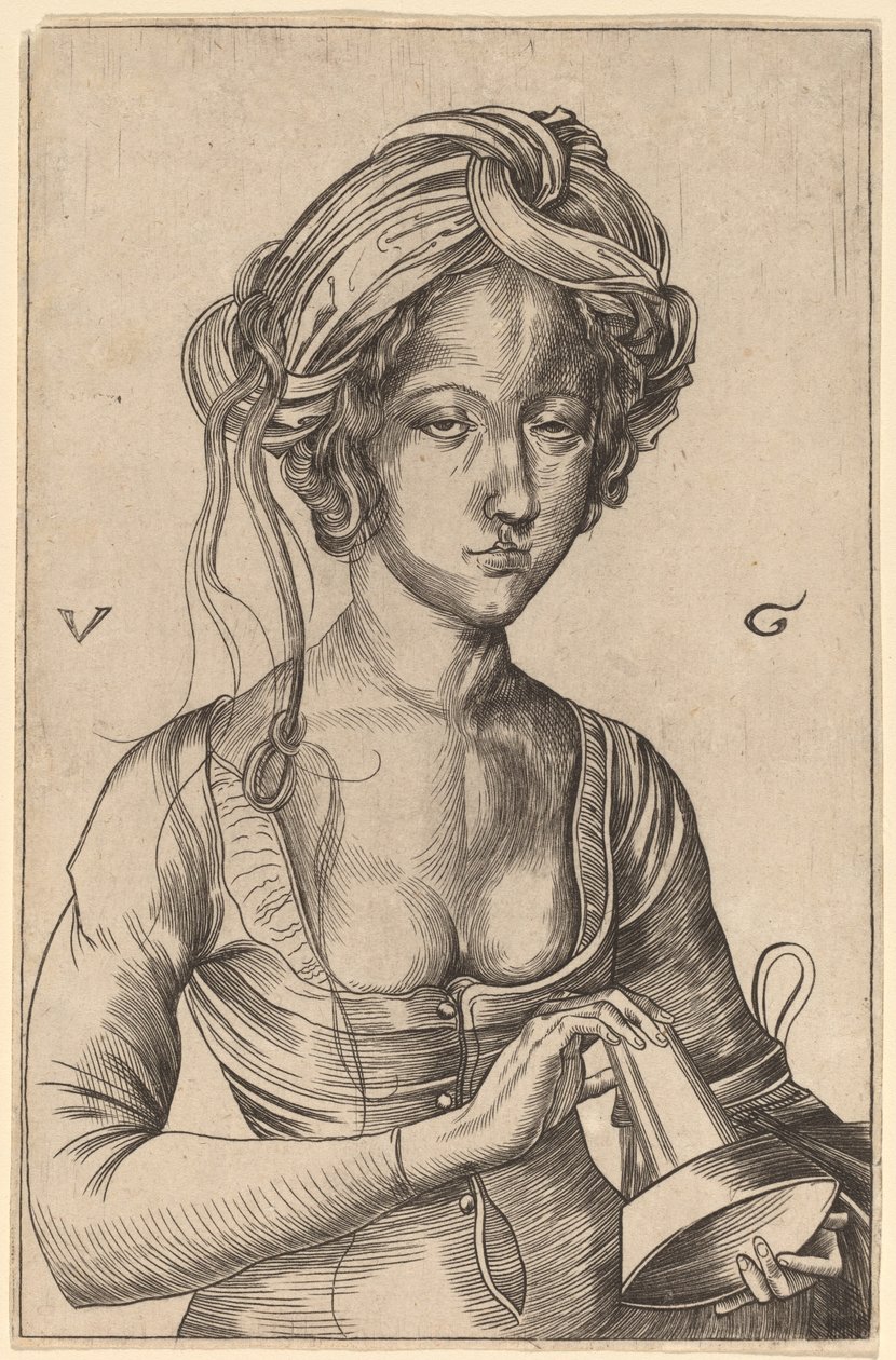 A Bust Figure of a Foolish Virgin Holding Her Inverted Lamp by Urs Graf