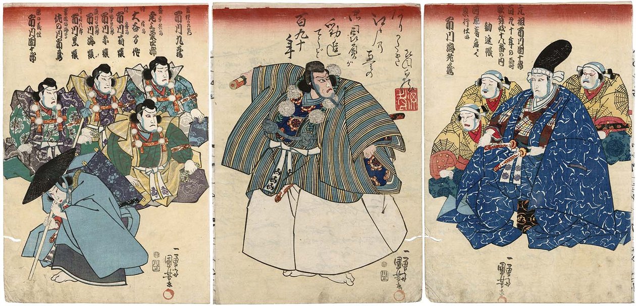 Actors in Kanjincho: Ichikawa Kuzo II as Togashi no Saemon, Ichikawa Ebizo V as Musashibo Benkei, Ichikawa Danjuro VIII as Minamoto no Yoshitsune by Utagawa Kuniyoshi