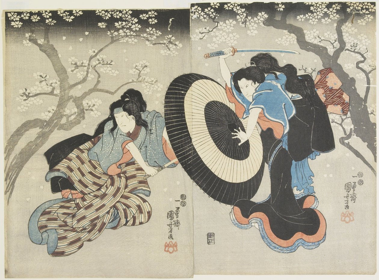 Two Women Fighting under Cherry Tree, a Scene from a Kabuki Play by Utagawa Kuniyoshi