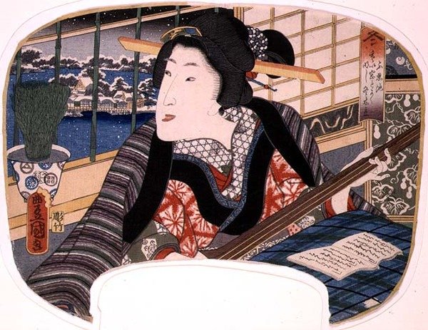 Winter, Shinobazu Pond; A geisha practicing a ballad, design for a fan from a set of four illustrating the seasons by Utagawa Kunisada