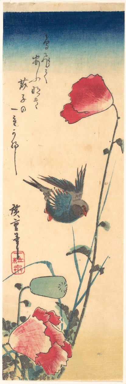 A Bluebird and Poppies by Utagawa Hiroshige