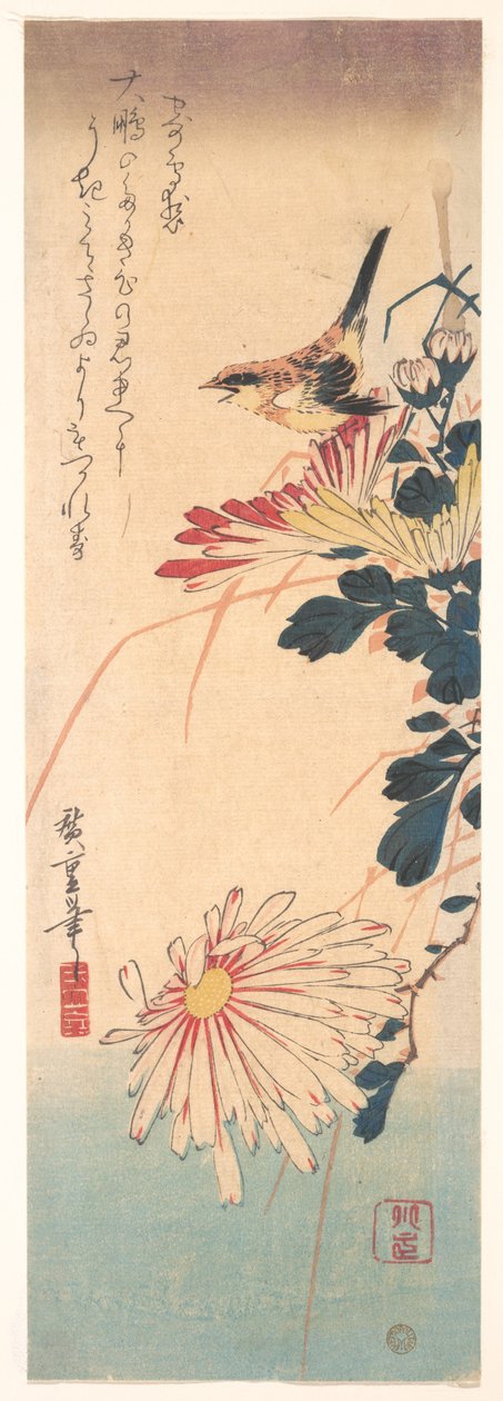 A Wren and Chrysanthemums by Utagawa Hiroshige