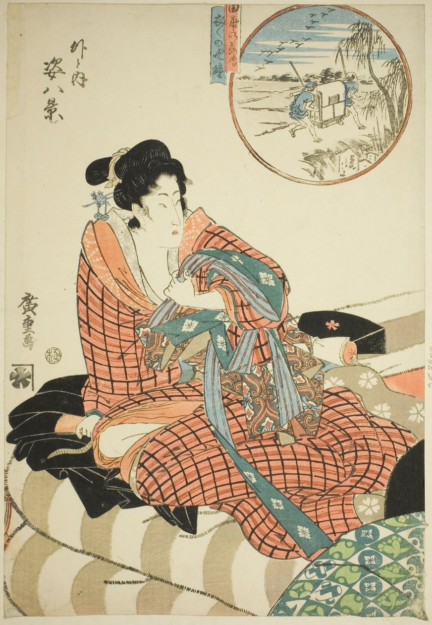Descending Geese at the Rice Fields and Evening Bell of the Morning After, from the series "Eight Views of Figures Inside and Outside" by Utagawa Hiroshige
