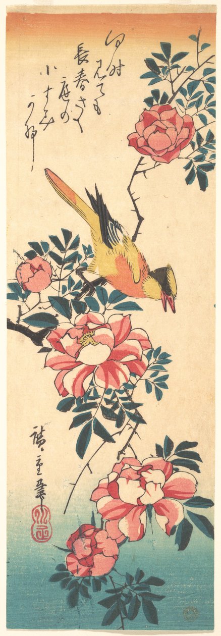 Eastern Grey Wagtail and Rose by Utagawa Hiroshige