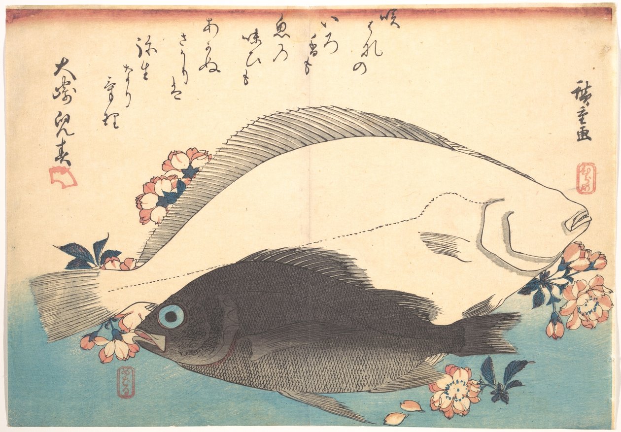 Hirame and Mebaru Fish with Cherry Blossoms, from the series Every Variety of Fish by Utagawa Hiroshige