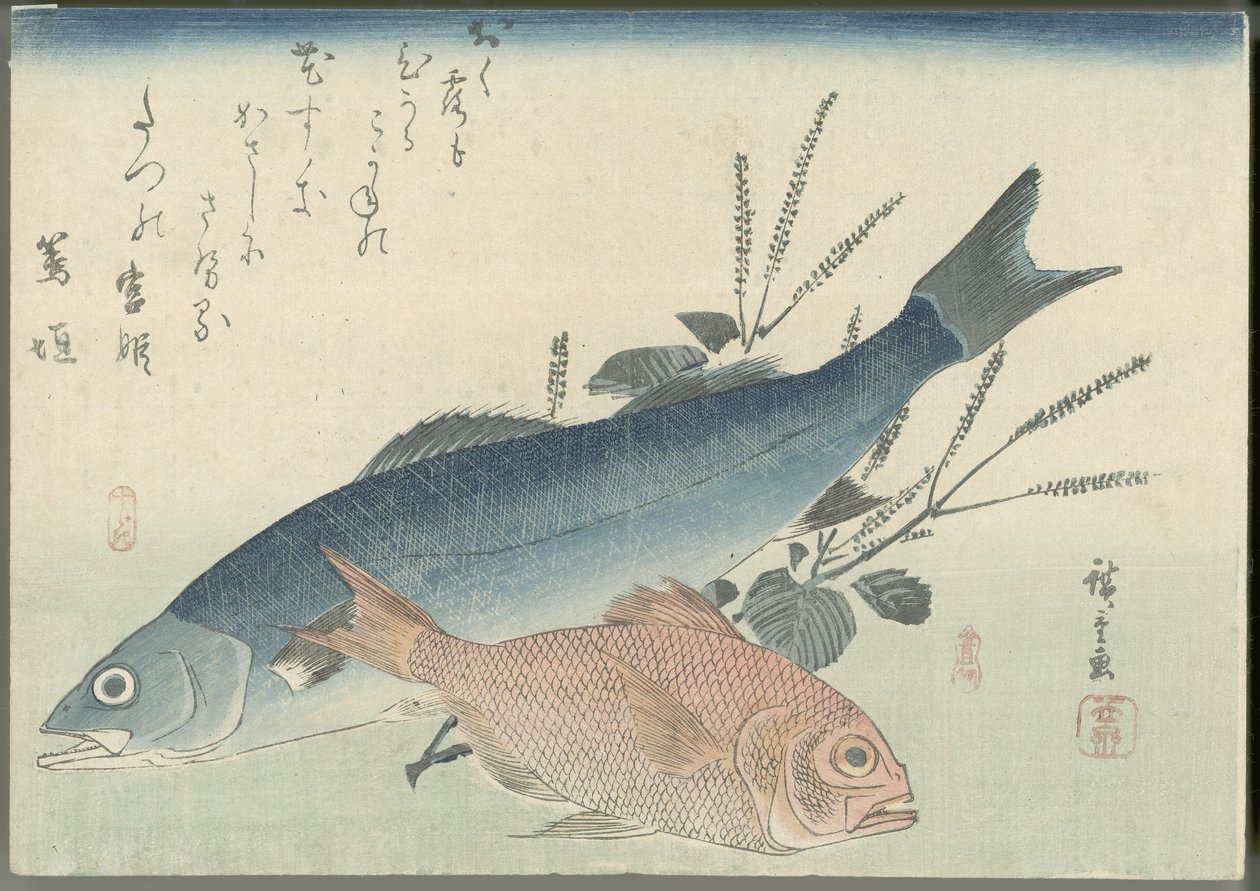 Japanese Seabass, Golden-Eye Sea Bream, and Shiso Plant by Utagawa Hiroshige