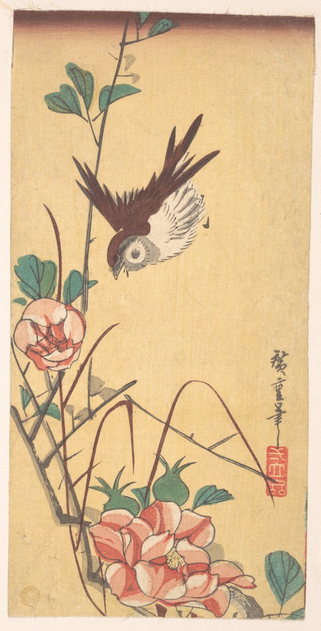 Roses and Sparrow by Utagawa Hiroshige