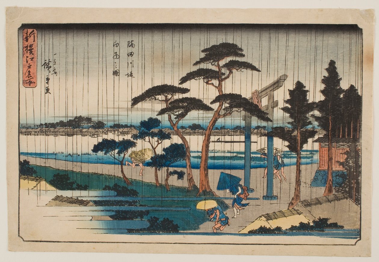 Shower on an Embankment of the Sumida River, from the series “New Selection of Famous Places in Edo” by Utagawa Hiroshige