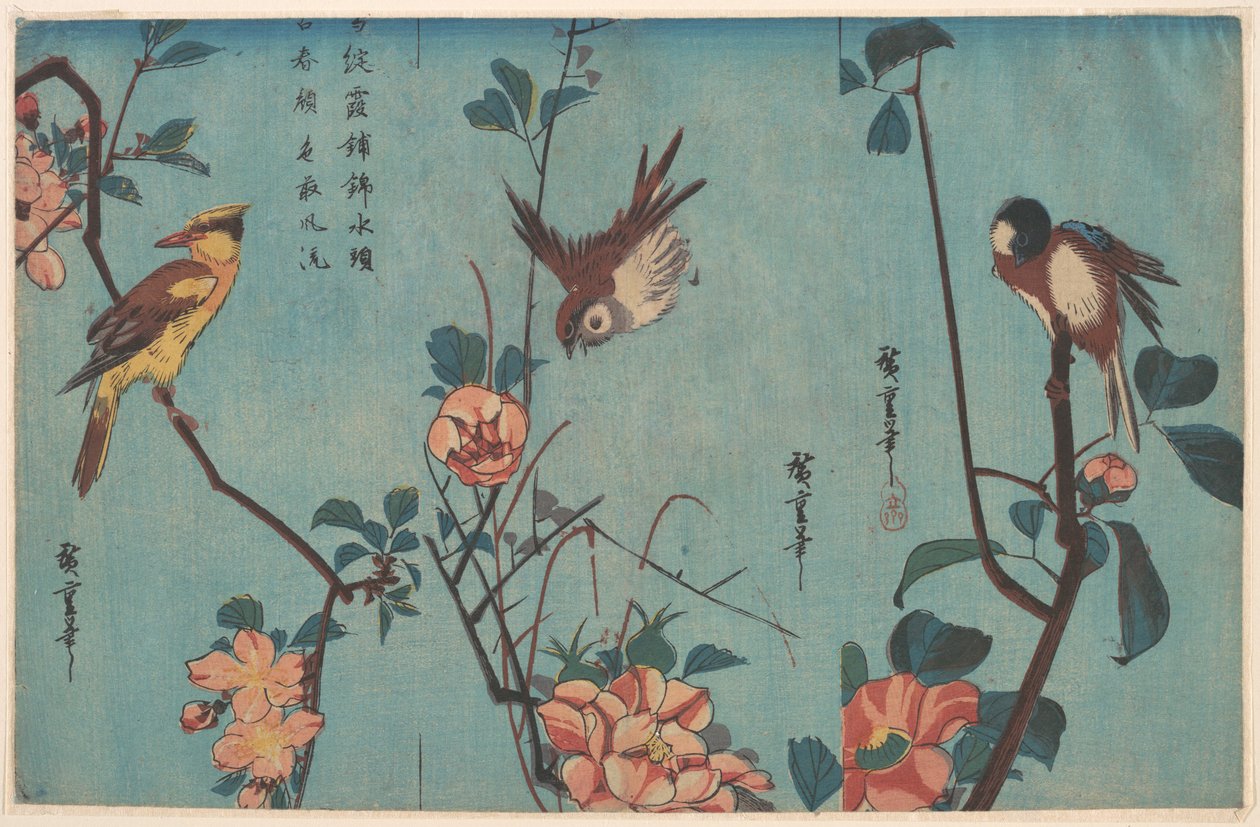 Titmouse and Camellias (right), Sparrow and Wild Roses (center), and Black-naped Oriole and Cherry Blossoms (left) by Utagawa Hiroshige