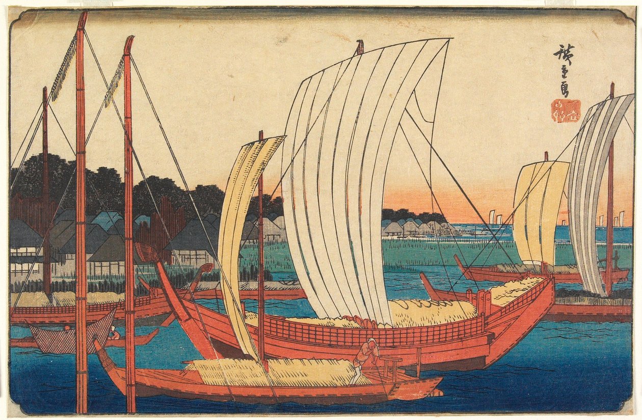 View of Boats Entering the Harbor at Tsukudajima by Utagawa Hiroshige
