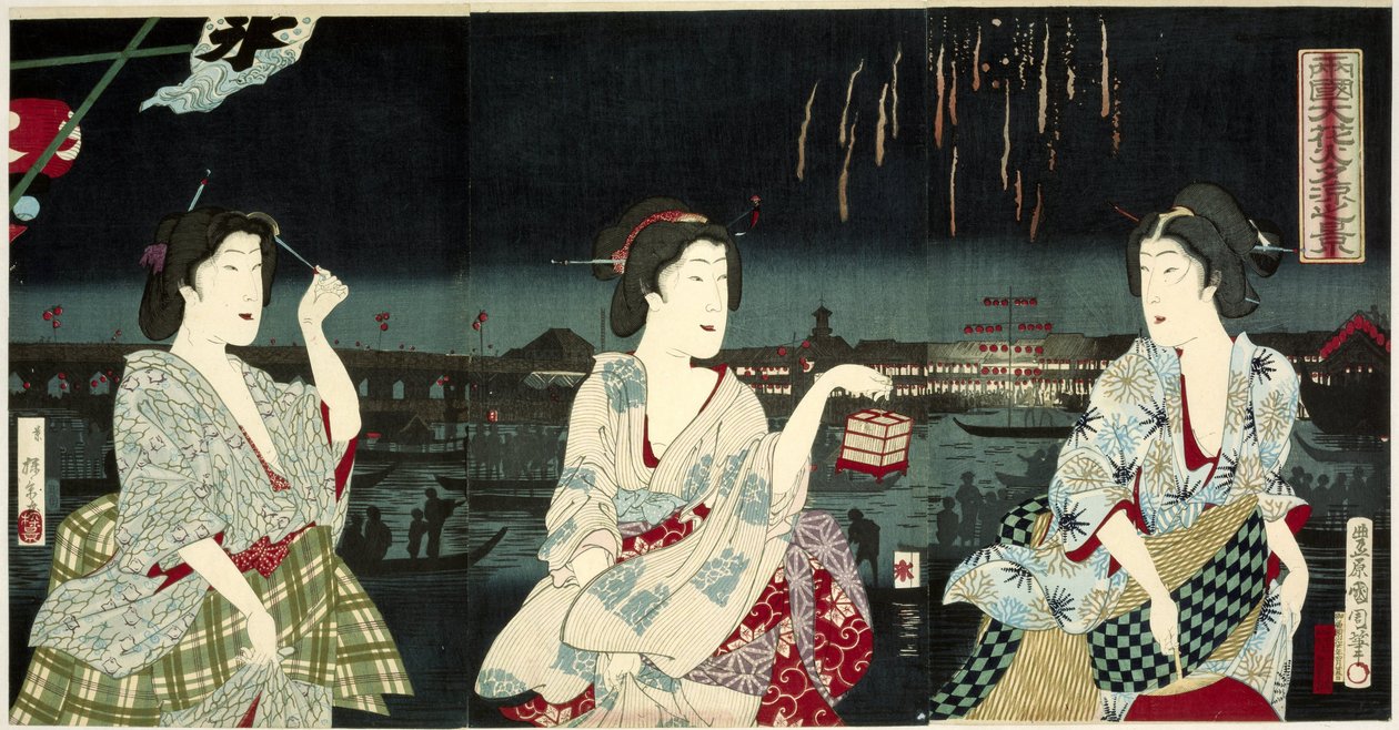 Enjoying the Evening Breeze During Fireworks at Ryogoku by Utagawa Kunichika