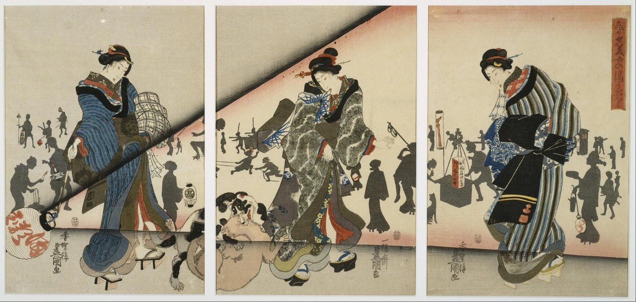 Night Scene with Girls, Animals and Lanterns by Utagawa Kunisada