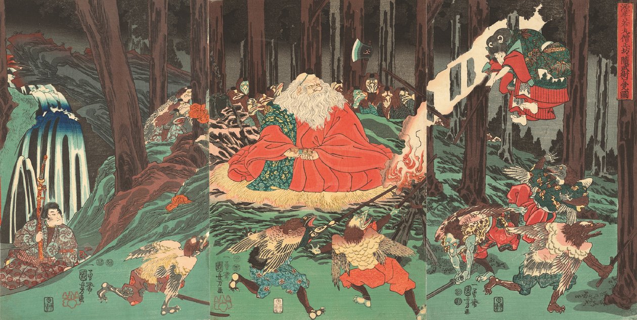 Ushiwakamaru Learns the Art of Fencing from the Tengu Watched Over by Their Master Sojobo by Utagawa Kuniyoshi