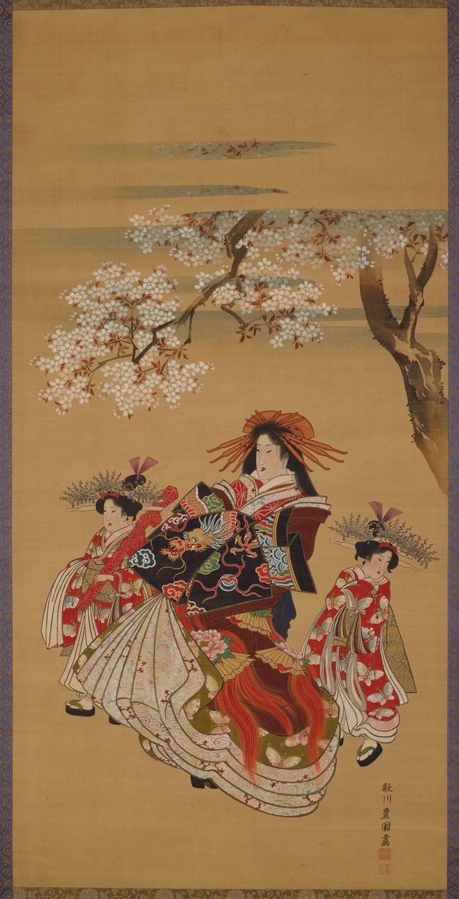 Courtesan with Two Kamuro Under Cherry Blossoms by Utagawa Toyokuni