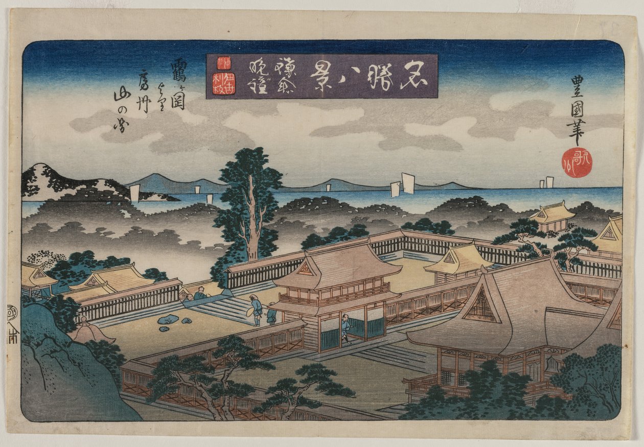 Eight Views of Famous Places: Evening Bell in Kamakura: The Mountains in Awa Province from the Hachiman Shrine in Tsurugaoka by Utagawa Toyokuni II