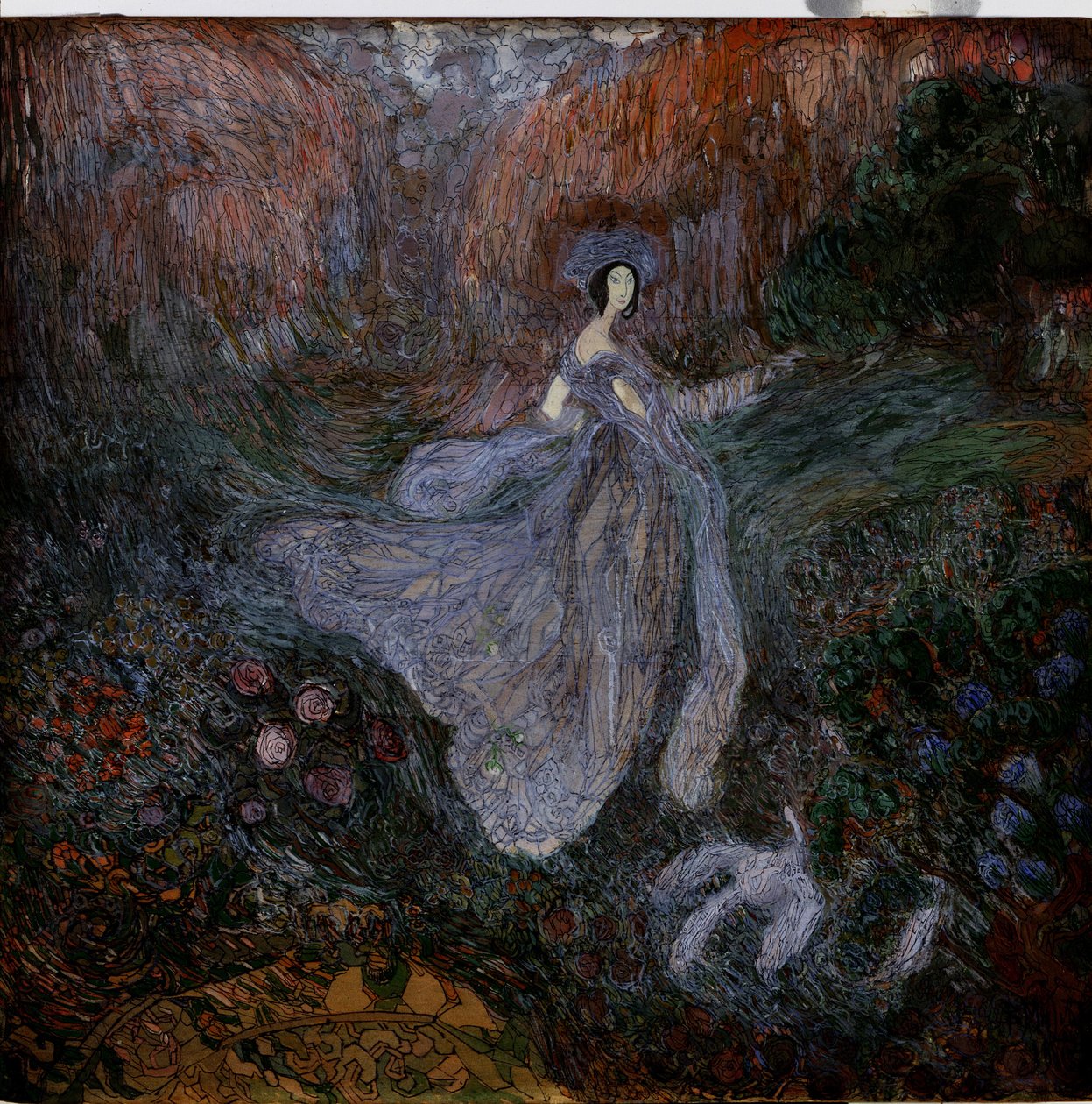 Morning. A Woman Dressed in Veils Walks Toward a Bird on the Ground in a Flower Garden. Work by Vasili Dmitrievich Millioti (1875-1943) by Vasili Dmitrievich Millioti