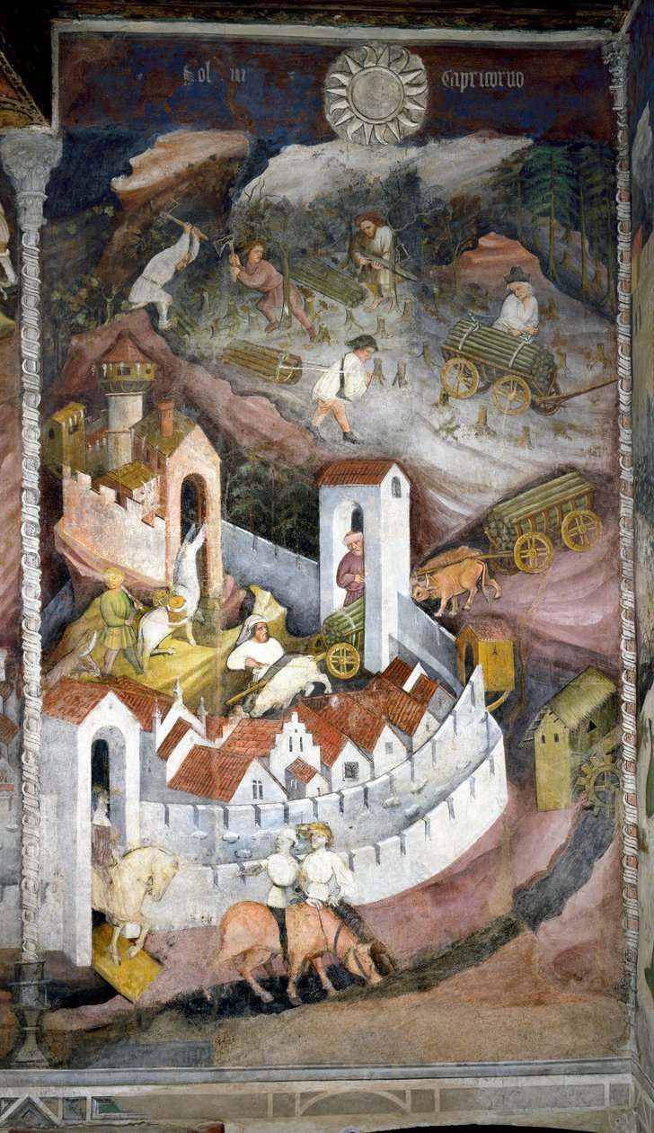 December: the loggers gather the wood and bring it back to the town of Trento where the wall and castle of Buonconsiglio are represented by Venceslao Maestro