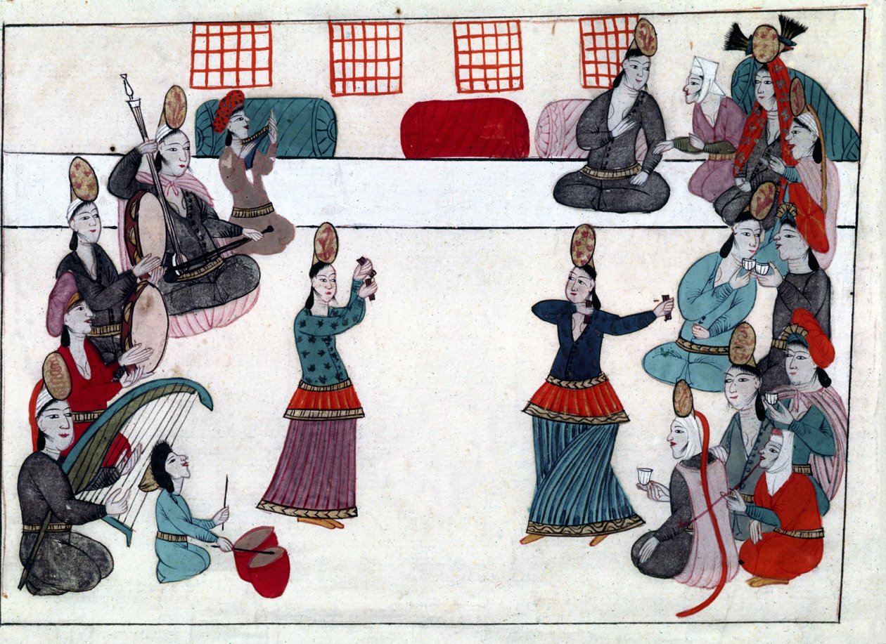 Musicians and dancers under the Ottoman Empire. Miniature from “Turkish Memorials” (codex Cicogna 1971 “Memorie Turchesche”). Watercolour from the 17th century Venetian school. by Venetian School