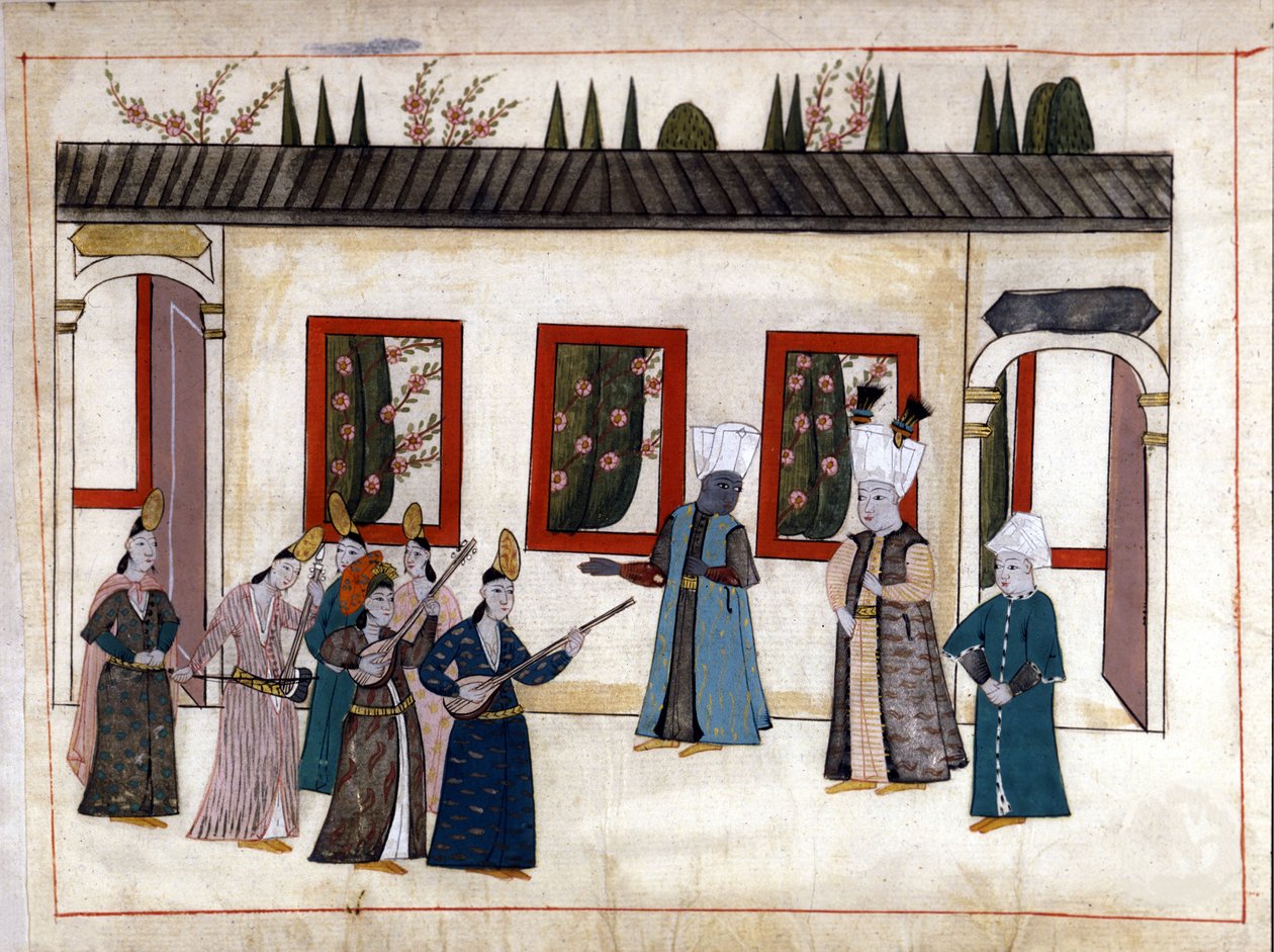 The Sultan visits the favorite with the mother and chief of the Eunuchs. Miniature from Turkish Memorials (codex Cicogna 1971 Memorie Turchesche) Watercolour from the 17th century Venetian school by Venetian School