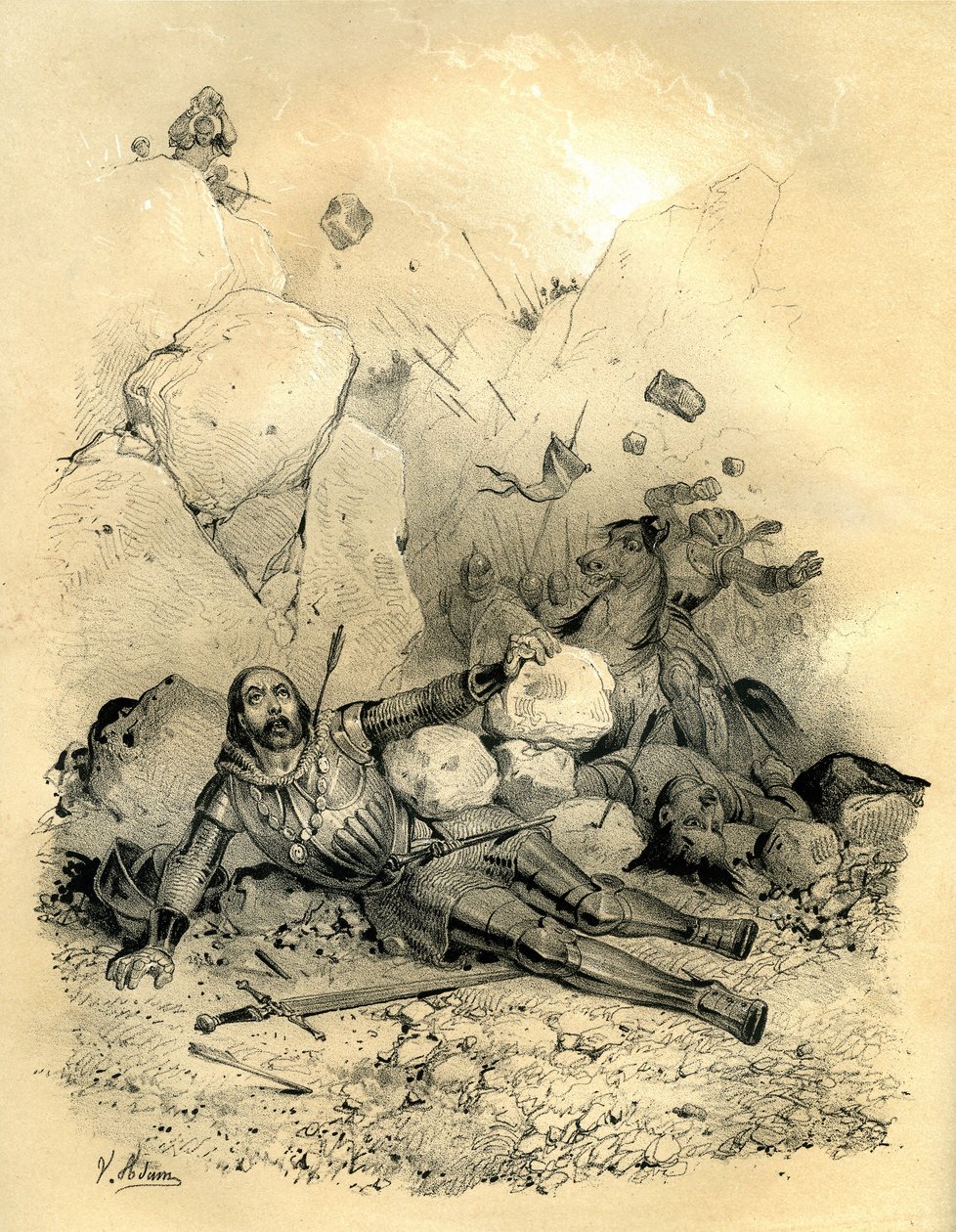 Roland, Count of the March of Brittany Died by a Detachment of Vascons (Basques) in 778 in the Valley of Ronceveaux (Pyrenees). Engraving by Victor Adam (1801-1866) in the Book 