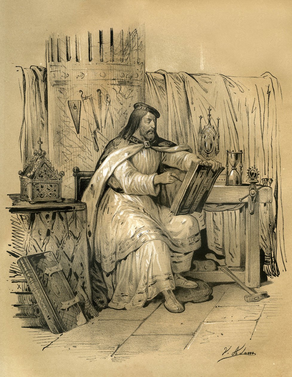 Saint Eloi (v.588-660) goldsmithing and treasurer of the king of the Franks Dagobert 1st, then bishop of Noyon from 641 to his death. Engraving by Victor Adam in the book “France in the Middle Ages” published by the Ardant brothers by Victor Adam