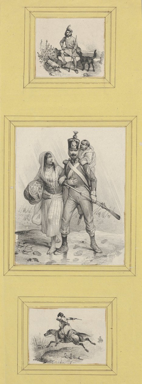 Soldiers and a Highlander (3 prints of varying size pasted onto a yellow sheet) by Victor Adam