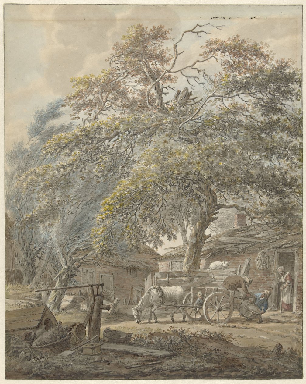 Farmyard with Two Men Loading a Cradle onto a Horse Cart by Vincent Jansz. van der Vinne