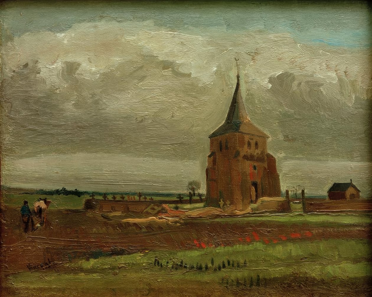 The Old Cemetery Tower in Nuenen with Plowing Farmer by Vincent van Gogh