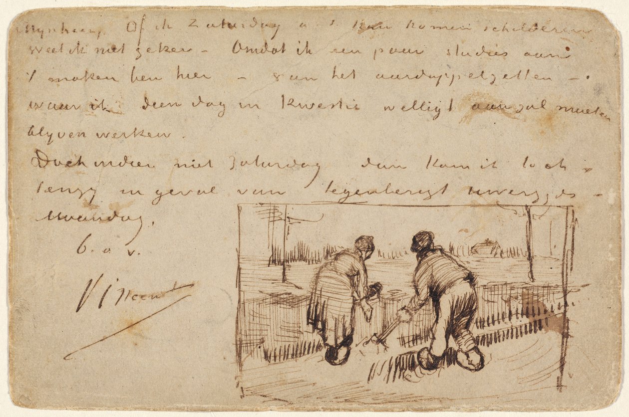Postcard with Two Peasants Digging by Vincent van Gogh