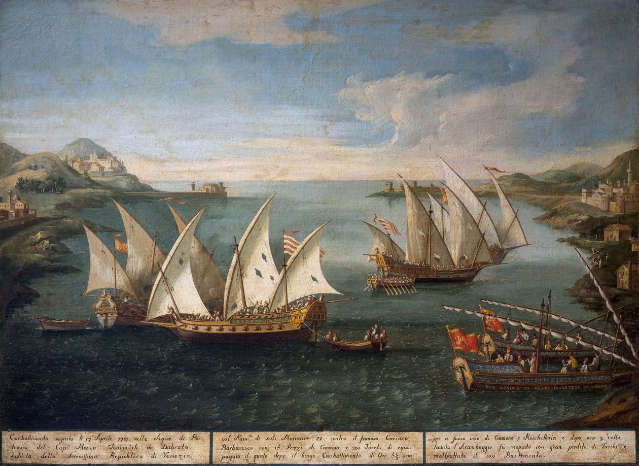 Naval battle between Venetian ships of Marco Ivanovich Dobrota and Turkish ships off Patras on April 17 by Vincenzo Chilone