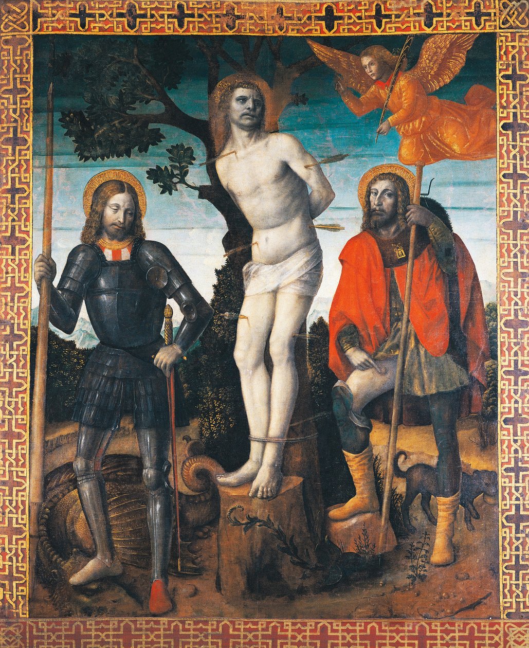 St Sebastian, St Rocco and St Giorgio, reverse side of the processional banner of Orzinuovi by Vincenzo Foppa