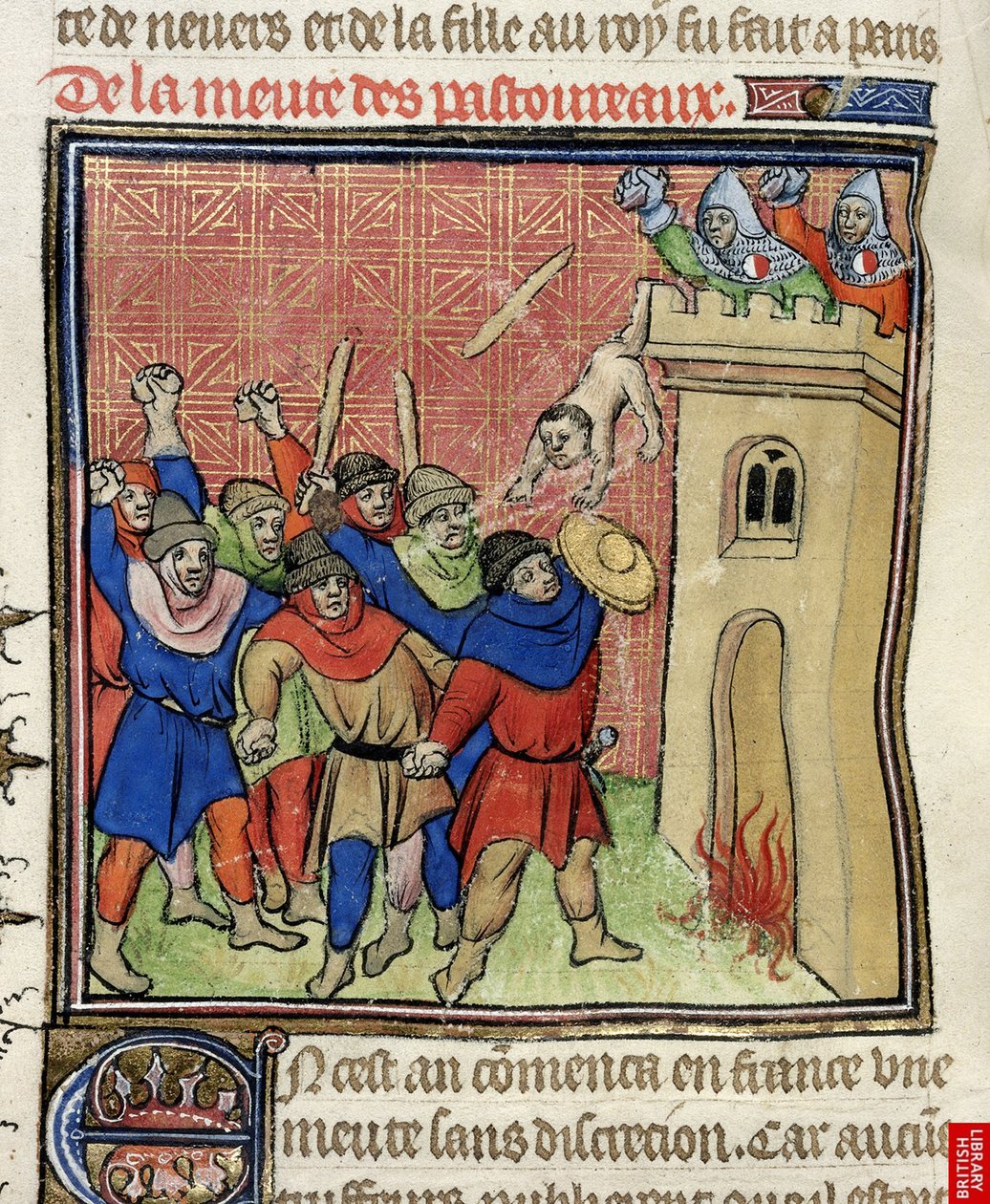 (detail) of a miniature of the Third Crusade of Pastoureaux. Jews throwing their children from a tower by Virgil Master