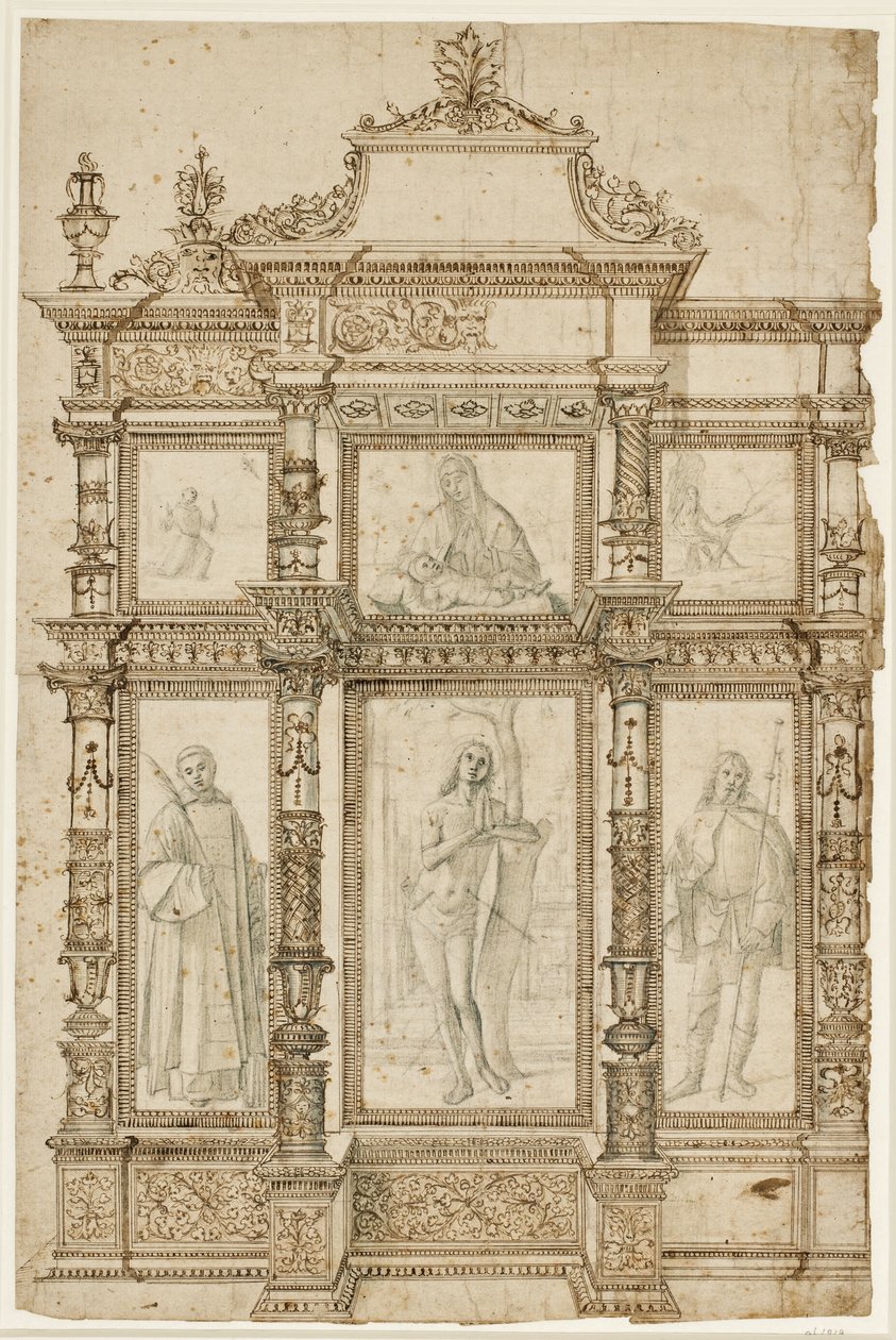Study for an Altarpiece with Six Pictures Set in an Ornate Structure of Frames. Top: The Stigmatisation of St Francis, Madonna and Child, St Jerome in the Wilderness; Bottom: Sts Lawrence, Sebastian and Roch by Vittore Carpaccio