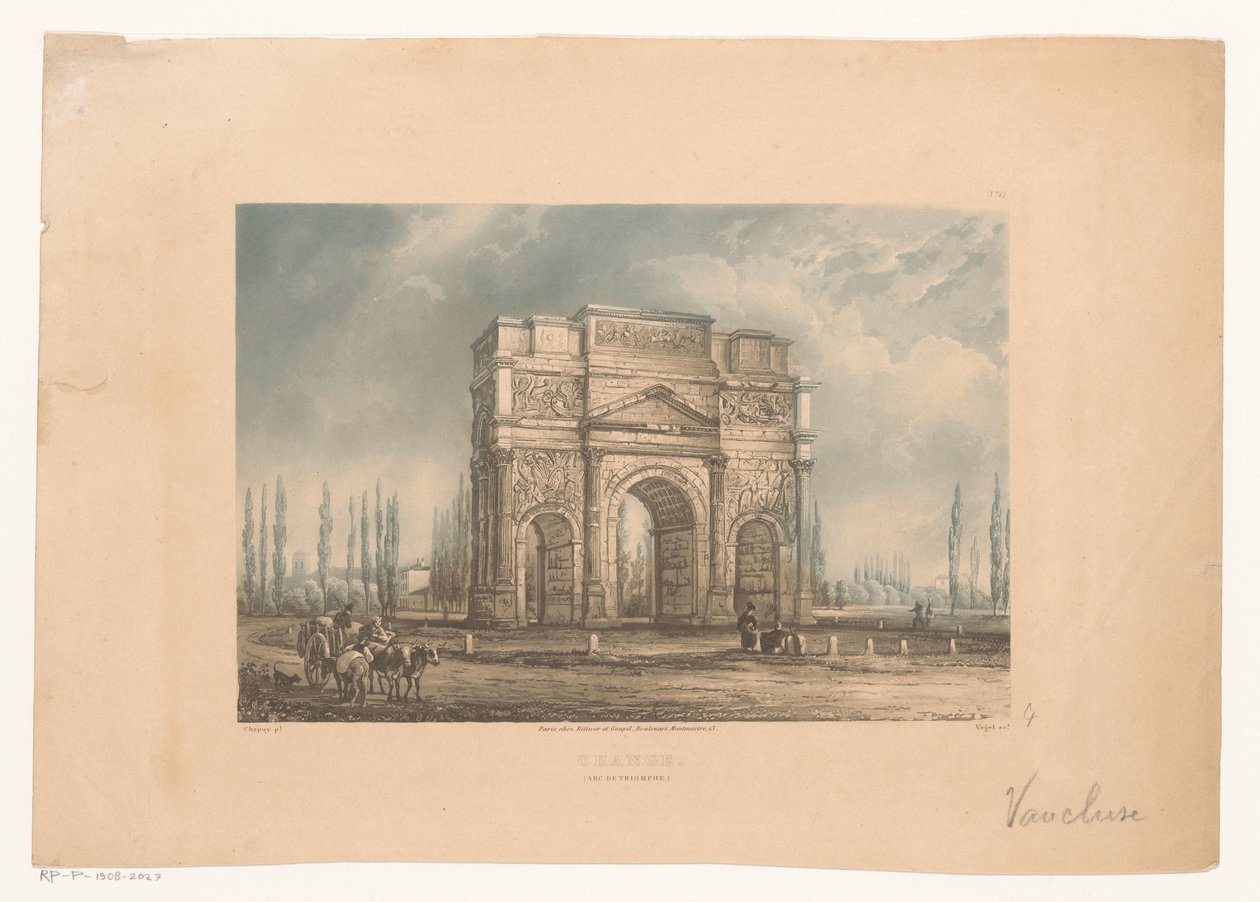 Landscape with the Triumphal Arch of Orange with Travelers by Vogel (prentmaker)