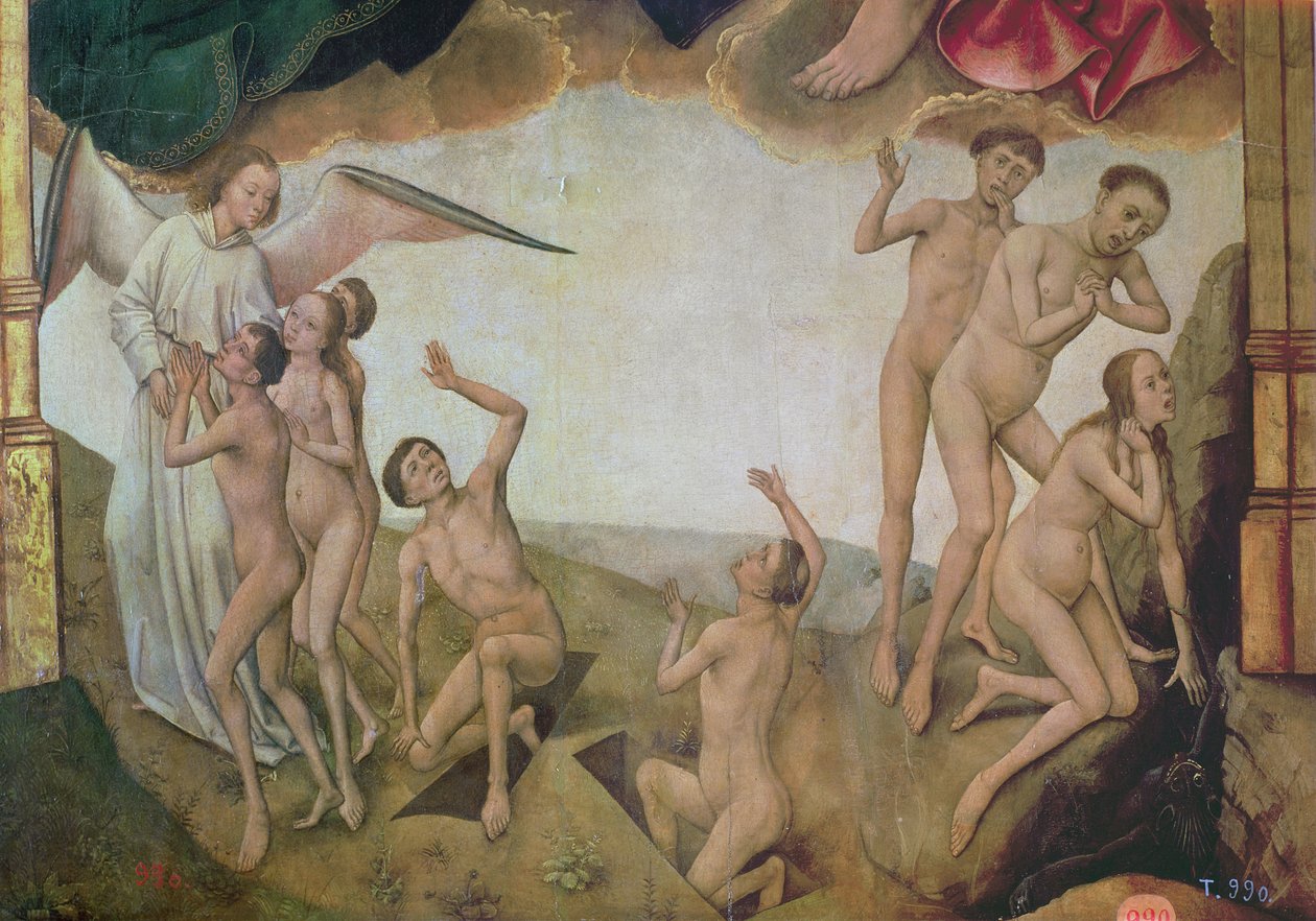 An angel welcomes the blessed into heaven while on the right the damned are being dragged down by devils to hell, detail of the Last Judgement and the Resurrection of the Dead from the Redemption Trip (detail) by Vrancke van der Stockt