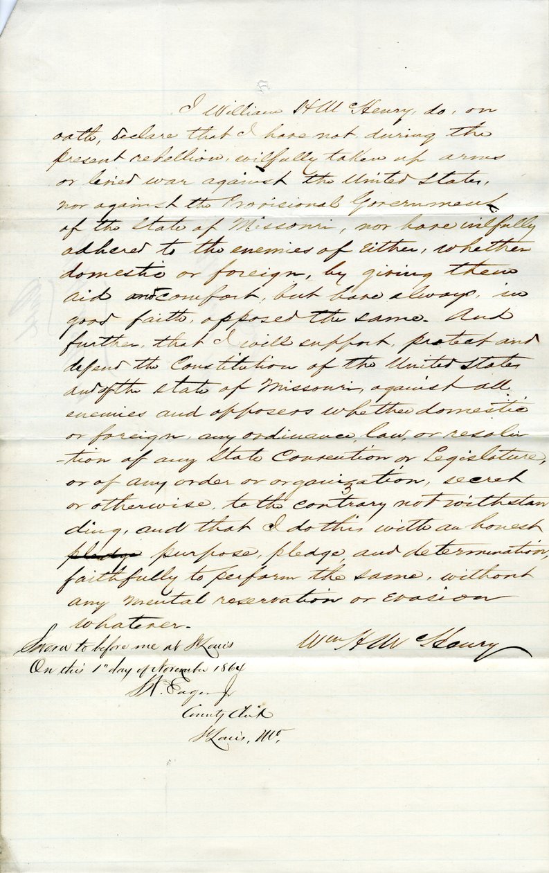 Loyalty Oath of William H. McHenry of Missouri, County of St. Louis by W.H. McHenry