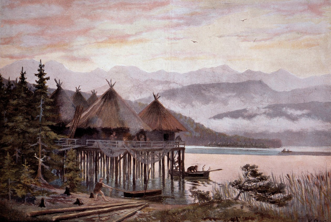 Prehistoric village on stilts on the shores of Lake Zurich in the Stone Age. From a painting by W. Kranz 20th century by W. (after) Kranz