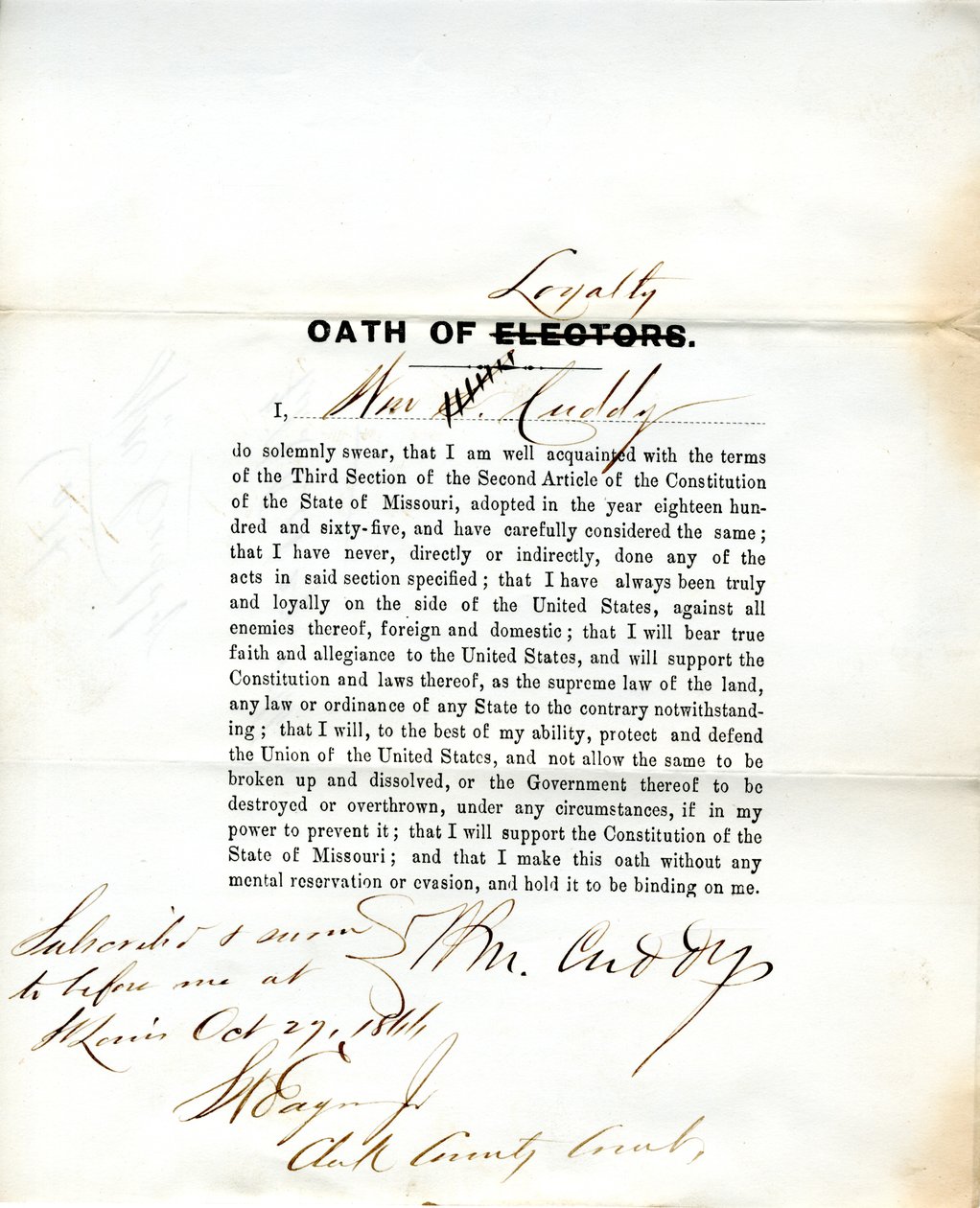 Loyalty oath of Wm. Cuddy of Missouri, County of St. Louis by W. Cuddy